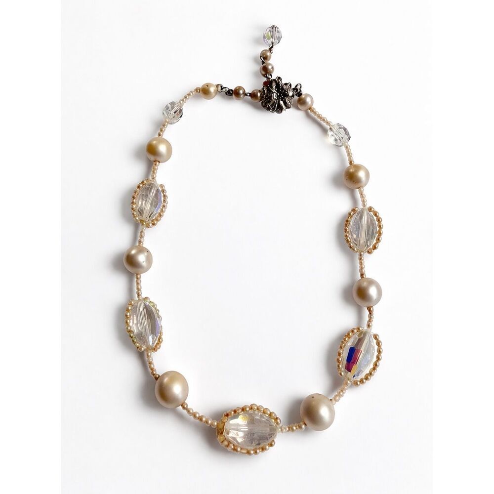 Vendome VTG clear ab crystal & faux pearl choker necklace chunky Glam Signed